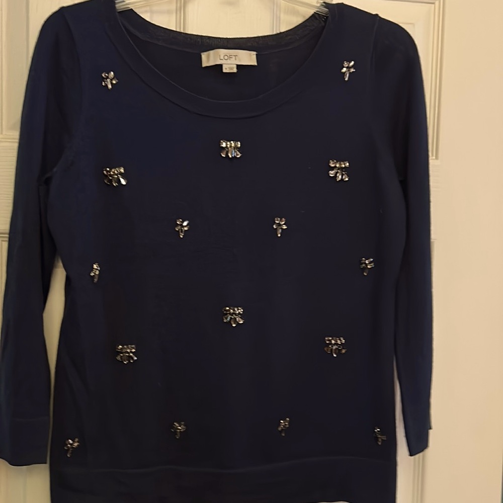 Loft size Med navy blue with jewels soft knit 3/4 sleeve top